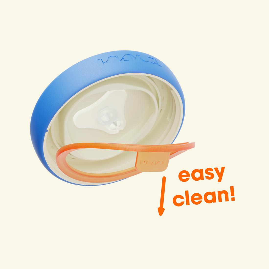 Underside of a blue Poki Yoki lid with the silicone seal pulled out for easy cleaning